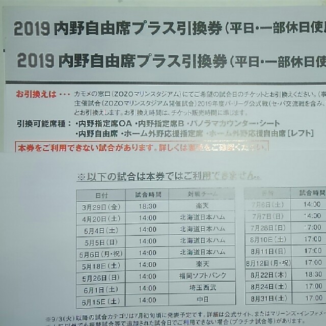 千葉ロッテマリーンズ(チバロッテマリーンズ)のロッテ　2019 内野自由席プラス引換券　平日・一部休日使用可能　3枚 チケットのスポーツ(野球)の商品写真