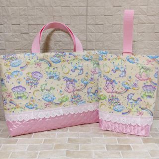 ユニコーン ♡お城♡ゆめかわ♡サテン切替♡レッスンバッグ&上履き入れ♡(バッグ/レッスンバッグ)