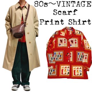 ★美品★80s〜VINTAGE★スカーフ柄シャツ★オープンカラーシャツ★サテン★(シャツ)