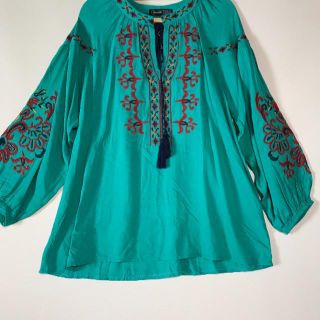 エスニック刺繍ターコイズブルー袖バルーンチュニックワンピース大きいサイズ(チュニック)