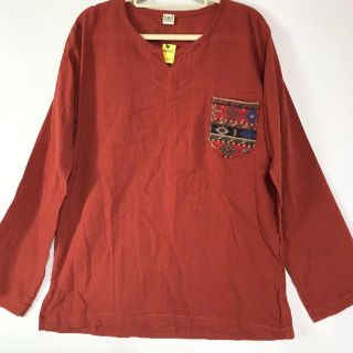 送料無料オルテガネイティブエスニック胸ポケット付きロンT3007468オレンジ(Tシャツ/カットソー(七分/長袖))