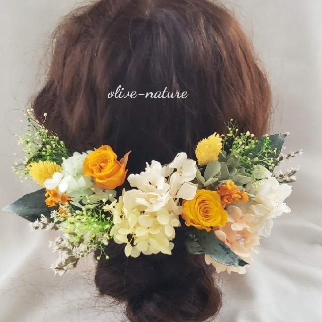 【mina様専用】バラ変更ヘッドドレス～ローズのオレンジイエローstyle～  レディースのヘアアクセサリー(バレッタ/ヘアクリップ)の商品写真