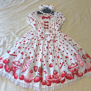 アンジェリックプリティー(Angelic Pretty)のmilky berry ワンピース＋リボンカチューシャ 白(ひざ丈ワンピース)