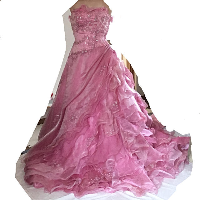 ウエディングドレス ピンク カクテルドレス プリンセスライン ベアトップ