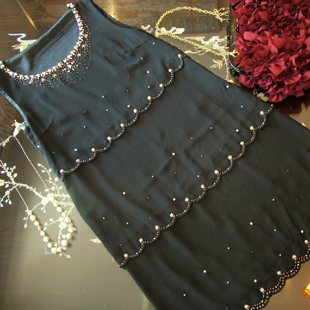 フォーマル　ワンピース　ドレス　パール　ビーズ　装飾　黒　結婚式　パーティーレディース