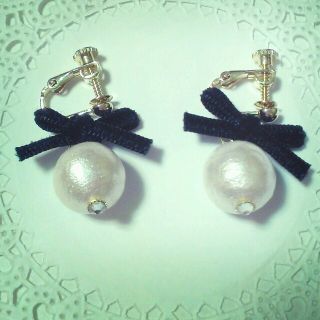 コットンパール×リボン*イヤリング(ピアス)