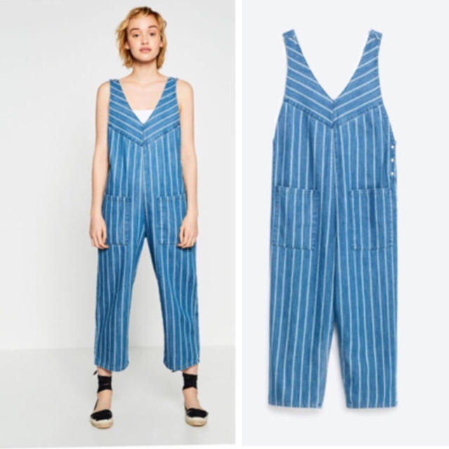 ZARA(ザラ)の3u3u様専用 ZARA ストライプ デニム オールインワン レディースのパンツ(サロペット/オーバーオール)の商品写真