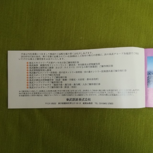 東武鉄道　株主優待　乗車券+冊子 チケットの施設利用券(遊園地/テーマパーク)の商品写真