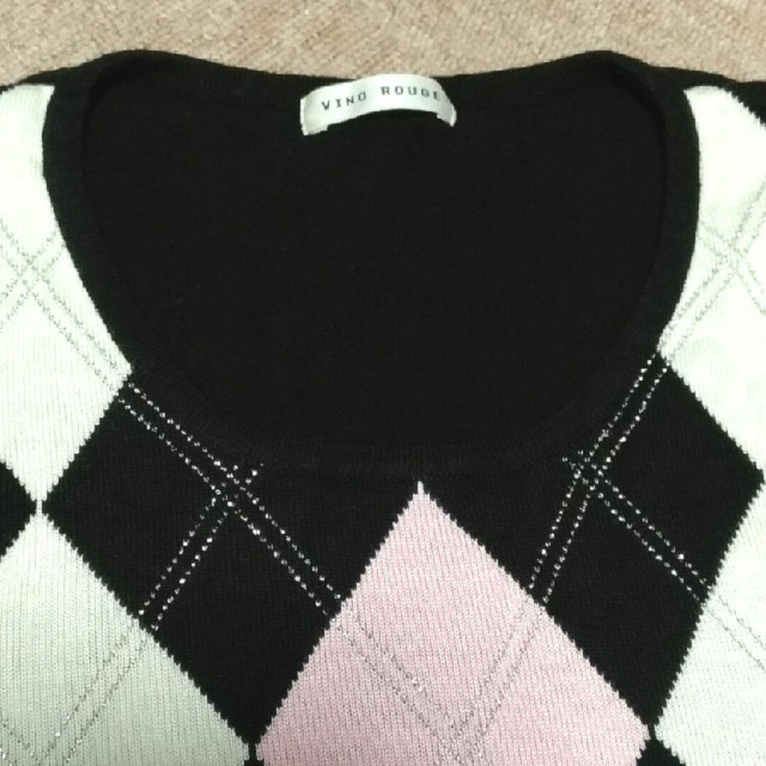 アーガイル　ノースリーブ　ニット　黒　ピンク レディースのトップス(カットソー(半袖/袖なし))の商品写真
