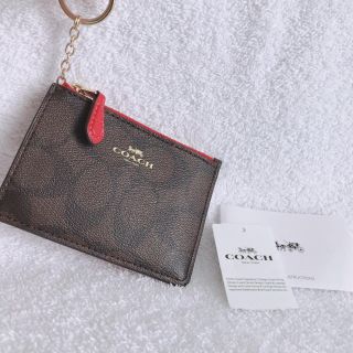 コーチ(COACH)の新品COACH キーリング付きパスケース ダークブラウン レッド(名刺入れ/定期入れ)