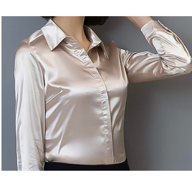 ブラウスシャツ サテン 華やか上品 衣装 長袖 シンプル無地 シャンパン XXL レディースのトップス(シャツ/ブラウス(長袖/七分))の商品写真