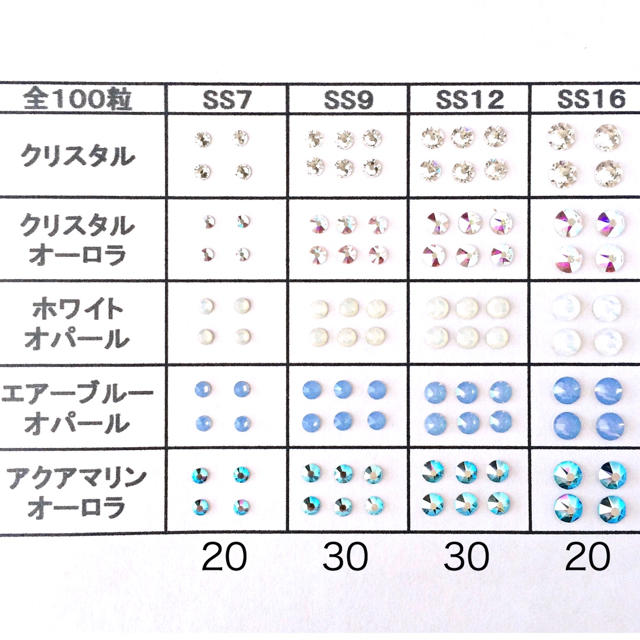 SWAROVSKI(スワロフスキー)の♡⃝⃜♡⃝⃜デコサイズ【スワロフスキー】エアーブルーmix 100粒 ハンドメイドの素材/材料(各種パーツ)の商品写真