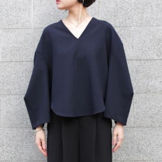 エンフォルド(ENFOLD)のENFOLD 17AW ダブルクロスワイドスリーブプルオーバー ネイビー ☆美品(カットソー(長袖/七分))