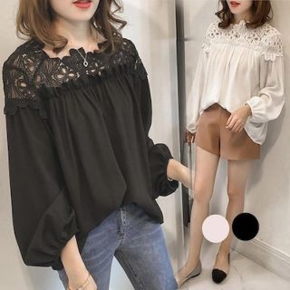 シフォンブラウス★シフォンシャツ★レーストップス★オフショルダー★ゆったり無地(シャツ/ブラウス(長袖/七分))