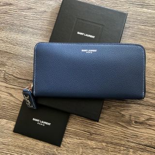 サンローラン(Saint Laurent)の新品 サンローラン モノグラムプル付き ロゴ ステッチ ラウンド長財布 ブルー(財布)