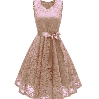 ドレス ワンピース 刺繍 ベージュ ボルドー パーティードレス(ミディアムドレス)