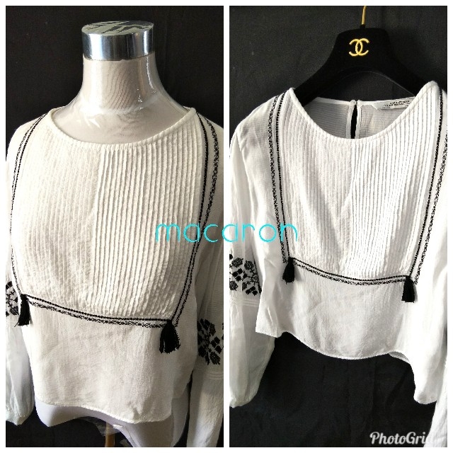 ZARA(ザラ)のmei様ご専用 春ザラZARA 人気 刺繍トップス ブラウス 黒×白 モデルさん レディースのトップス(カットソー(長袖/七分))の商品写真