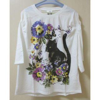 スカラー(ScoLar)のりんご様専用　黒猫ＴＯＰ　白+ボーダーネコ青　(Tシャツ(半袖/袖なし))