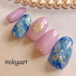 mokyuart01＊ブルー 青 天然石 シェル  ウエディング ネイルチップ