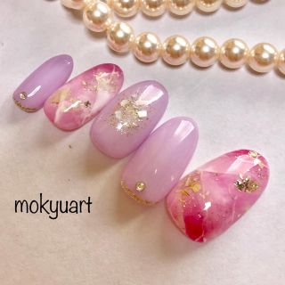 mokyuart02＊ピンク 天然石 シェル 金箔 ウエディング ネイルチップ