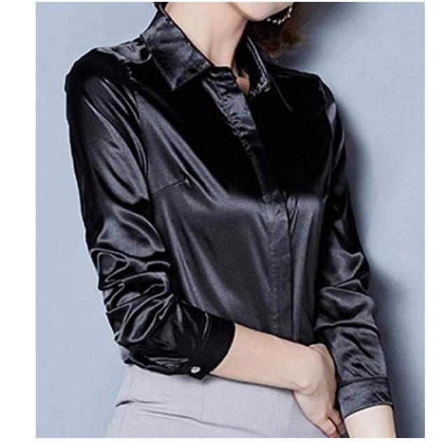 ブラウス シャツ サテン 長袖 シンプル 無地 上品 華やか XL ブラック 黒 レディースのトップス(シャツ/ブラウス(長袖/七分))の商品写真