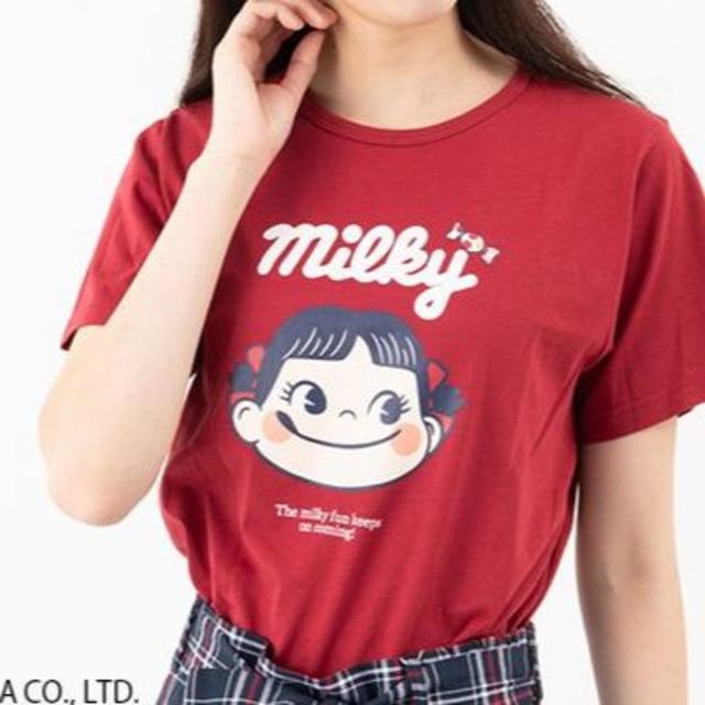 不二家(フジヤ)の不二家 ペコちゃん レディース 半袖Ｔシャツ 綿100％ Ｌサイズ レッド 赤 レディースのトップス(Tシャツ(半袖/袖なし))の商品写真