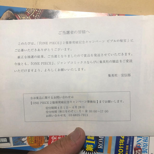 集英社(シュウエイシャ)のワンピース 2億冊突破記念キャンペーン 当選品 エンタメ/ホビーのコレクション(ノベルティグッズ)の商品写真