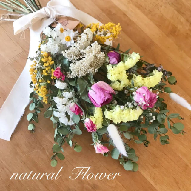 ドライフラワー＊ボリュームたっぷりナチュラルスワッグ❁春色bouquet❁ ハンドメイドのフラワー/ガーデン(ドライフラワー)の商品写真