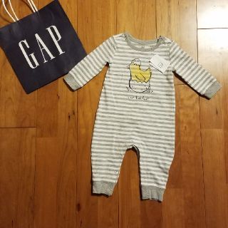 ベビーギャップ(babyGAP)の65 長袖ロンパース　グレーボーダー　ヒヨコ(ロンパース)