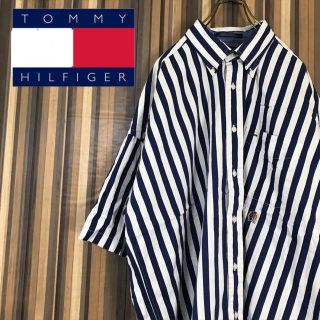 トミーヒルフィガー(TOMMY HILFIGER)の90s トミーヒルフィガー ストライプ 半袖 シャツ ワンポイントロゴ 刺繍 (シャツ)