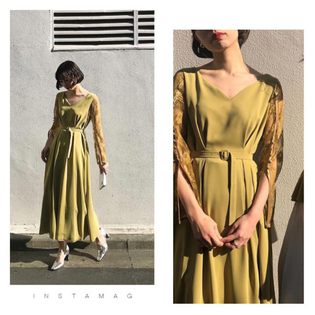 86cm着丈Ameri LACE SLEEVE REFINED DRESS【ベージュ】