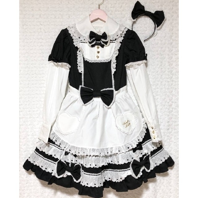 Angelic Pretty(アンジェリックプリティー)のSweet PartyワンピースSet(クロ×シロ)⚠️難あり中古品⚠️ レディースのワンピース(ひざ丈ワンピース)の商品写真