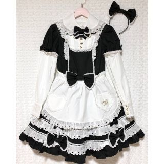 アンジェリックプリティー(Angelic Pretty)のSweet PartyワンピースSet(クロ×シロ)⚠️難あり中古品⚠️(ひざ丈ワンピース)