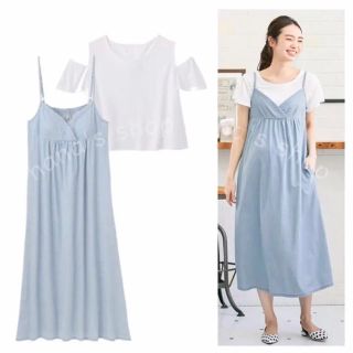 新品 M〜L 2wayオフショルTシャツ カップ付きキャミソールワンピ 授乳服(マタニティワンピース)