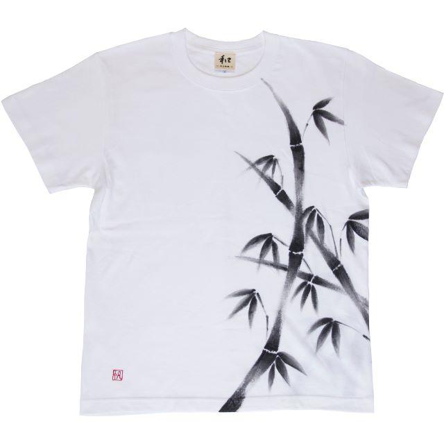 竹柄Tシャツ ホワイト Mサイズ 手描きで描いた竹の和柄Tシャツ