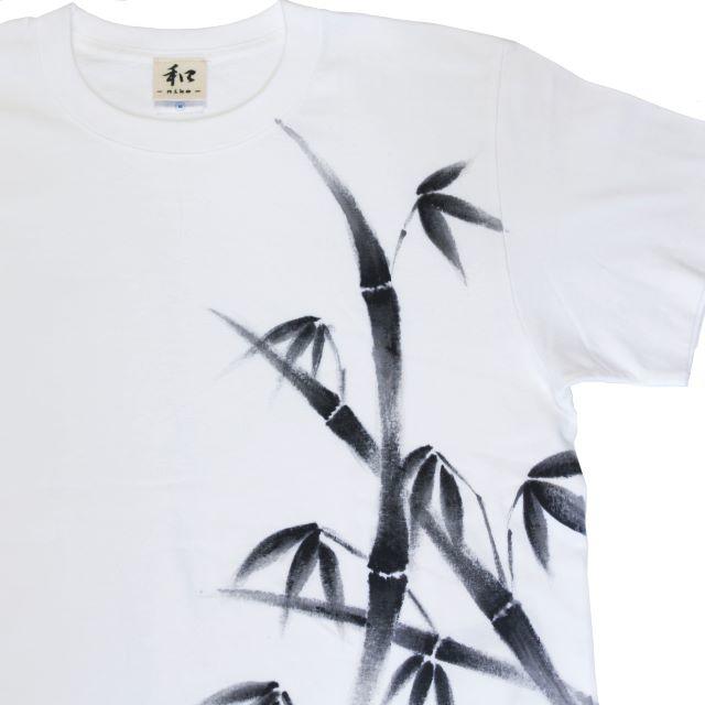 竹柄Tシャツ ホワイト Sサイズ 手描きで描いた竹の和柄Tシャツ