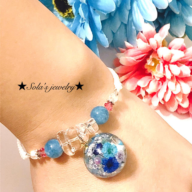 天然石♡アクアマリンと水晶の幸せのドライフラワーブレスレット