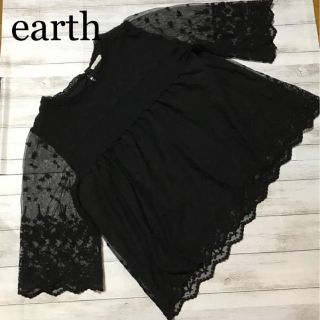 アースミュージックアンドエコロジー(earth music & ecology)の値下げ☆earth☆大人オシャレ☆ シースルー レース スモッグ ブラウス五分袖(シャツ/ブラウス(半袖/袖なし))