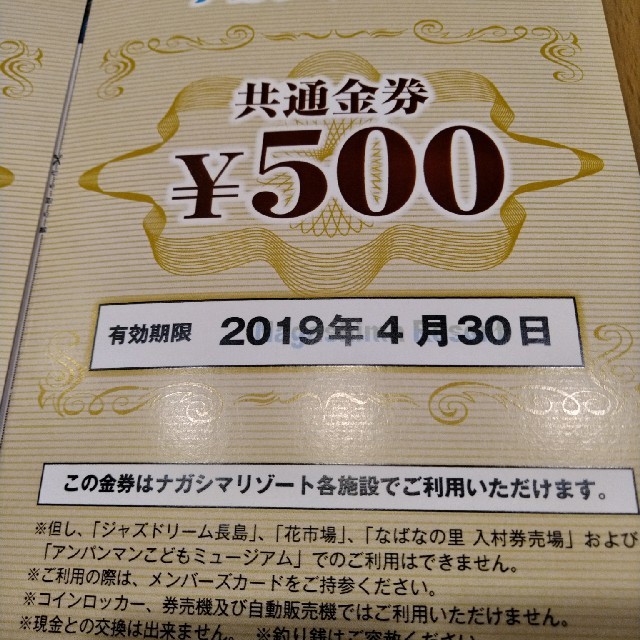 長島スパーランド　パスポート２名分（平成31年４月迄有効の共通金券1500円付）