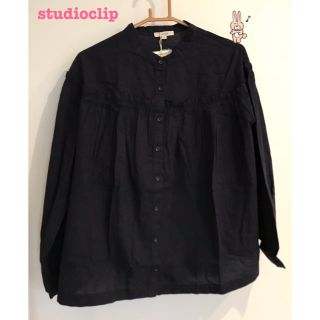 スタディオクリップ(STUDIO CLIP)の【新品】studioclip 千鳥柄 フリルブラウス 紺×黒(シャツ/ブラウス(長袖/七分))