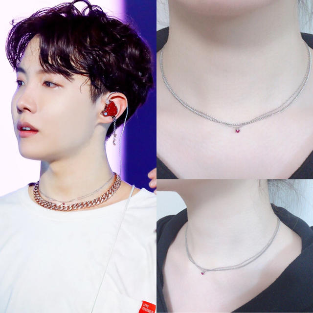 防弾少年団(BTS)(ボウダンショウネンダン)のBTS J-HOPE ホビモチーフ赤い石 ネックレス 37cm  ハンドメイドのアクセサリー(ネックレス)の商品写真