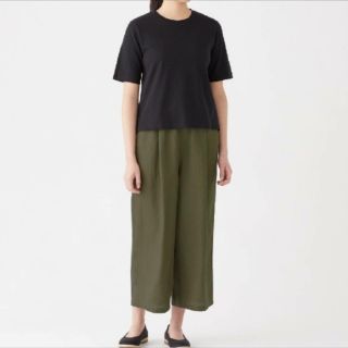 ムジルシリョウヒン(MUJI (無印良品))の■新品■無印良品フレンチリネンイージーワイドパンツ／クロップド丈／ダークグリーン(クロップドパンツ)