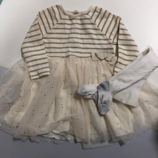 プチバトー(PETIT BATEAU)の【美品】PETIT BATEAU ラメマリニエールチュール切替ワンピース 12m(ワンピース)