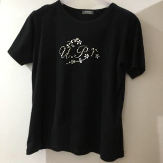 ユーピーレノマ(U.P renoma)の黒 ビジュー風飾り付き半袖Tシャツ(Tシャツ(半袖/袖なし))