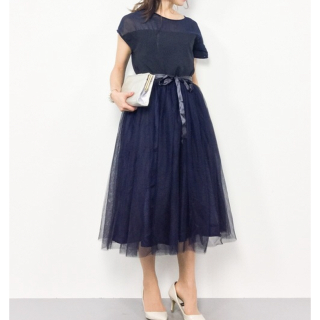 merlot(メルロー)のデコルテシースルーチュールスカートワンピース レディースのフォーマル/ドレス(ロングドレス)の商品写真