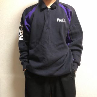 90s FedEx ポロ スウェット 紫 L 黒 企業物 ハーフジップ(スウェット)