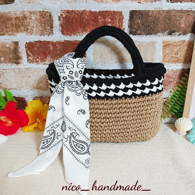 ♡おでかけバスケット*白黒ペイズリーバンダナ付♡ 麻ひもバッグ - バッグ ♡おでかけバスケット*白黒ペイズリーバンダナ付♡ 麻ひもバッグ - バッグ