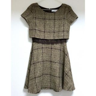 セシルマクビー(CECIL McBEE)の美品★CECIL McBEEレース切替チェックワンピースフレアスカートブラウン(ひざ丈ワンピース)