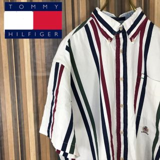 トミーヒルフィガー(TOMMY HILFIGER)の古着 90s トミーヒルフィガー BDシャツ 半袖 刺繍ロゴ マルチストライプ(シャツ)