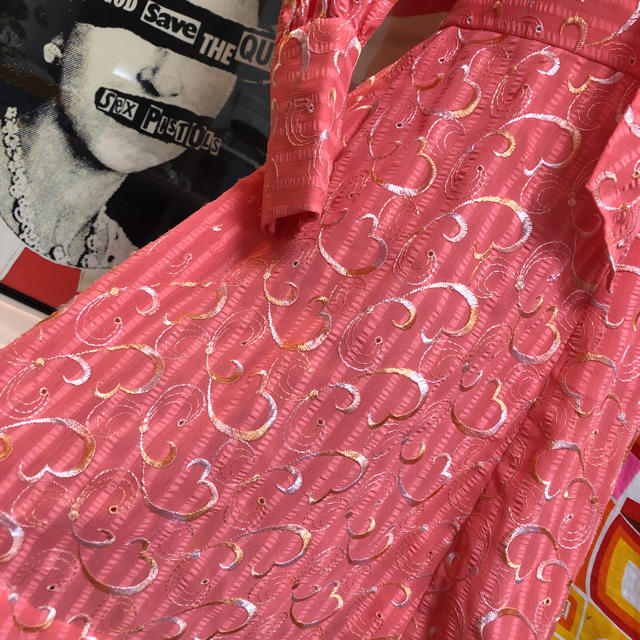 レトロ ハート ヴィンテージ   ピーチピンク 刺繍ストライプ ワンピース レディースのワンピース(ミニワンピース)の商品写真